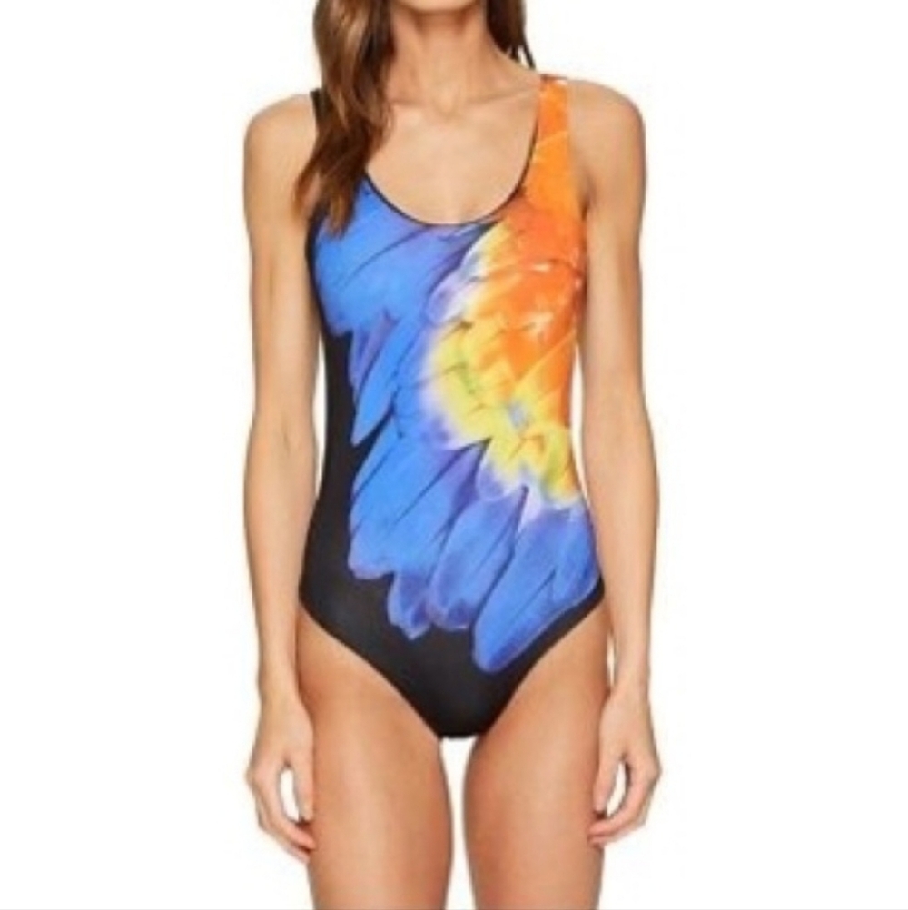 ONIA Kelly Black Macaw Feather Print One-Piece Scoop Neck Swimsuit Women's SZ S